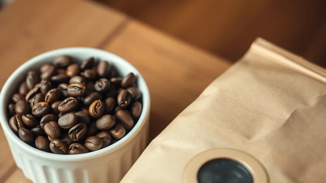 Grains de café fraîchement torréfiés à côté d'un paquet muni d'une valve de dégazage